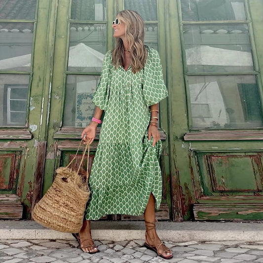 Autumn Dresses For Women 2025 Print Casual Ruffles Loose Long Dress Vintage Elegant Office Beach Style V Neck Vestidos