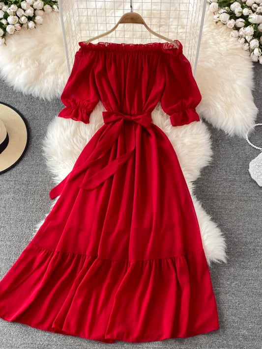 Vestido de playa para mujer, sexy, con hombros descubiertos, corte en A, de gasa, elegante, de fiesta, largo