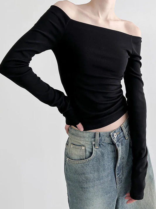 Camiseta negra lisa con cuello oblicuo, elegante, de manga larga, estilo coreano, ajustada, sexy, corta, para mujer, ropa de otoño