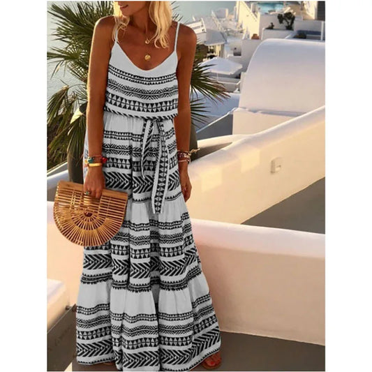 Vestido largo con tirantes finos y estampado estilo bohemio para mujer, cuello en V, informal, camisola de playa, novedad de verano 2025