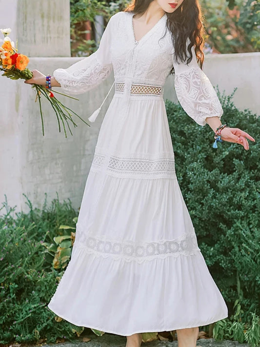 Vestido de playa blanco bohemio para mujer, elegante vestido de fiesta para primavera y otoño, cuello en V, sexy, con aberturas, cintura alta, largo