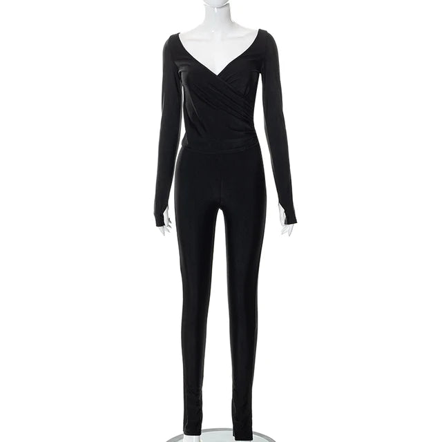 Conjunto de chándal elegante de 2 piezas para mujer, top corto ajustado con cuello cruzado y leggings elásticos, conjuntos de ropa de calle a juego