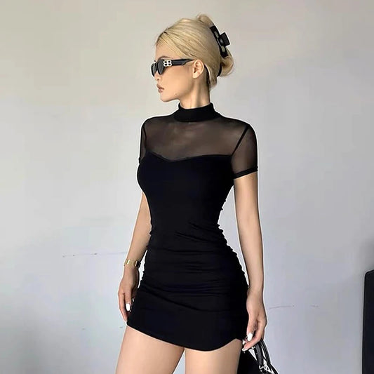Vestido mini gótico oscuro con cuello alto Y2k, ajustado, gótico, para mujer, de malla con retazos, vestido de fiesta transparente