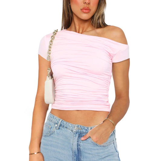 Top informal de tela de alta elasticidad, color liso, con hombros descubiertos, manga corta y plisado para mujer