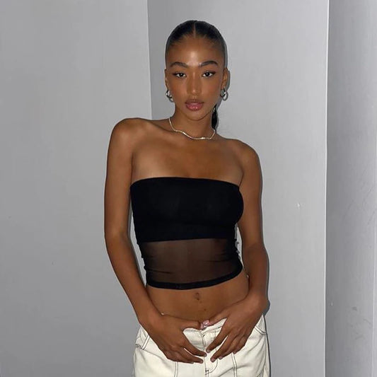 Mesh Corset Black Y2K Tops Women Transparent Crop Top Stretch Tube Top Sexy Cami Tops Summer Streetwear