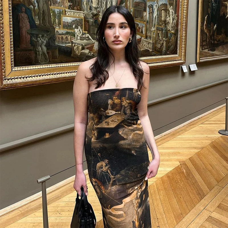 Vestido midi ajustado de malla con estampado de pintura al óleo, sexy y sin tirantes, elegante, para fiesta, de marca, el más vendido.