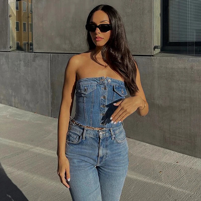 Solid Denim Pocket Design Button Vest Women Casual Bare Midriff Wrapped Chest Sleeveless Crop Tops Streetwear Tanks – Sleeveless Crop Tops Streetwear Tanks – Women Casual Bare Midriff Wrapped Chest – Solid Denim Pocket Design Button Vest