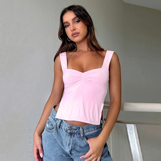 Square Collar Tank Women Slim Split Crop Tops Chic Backless Sleeveless Casual Camis Summer 2025 Y2K Double Layer