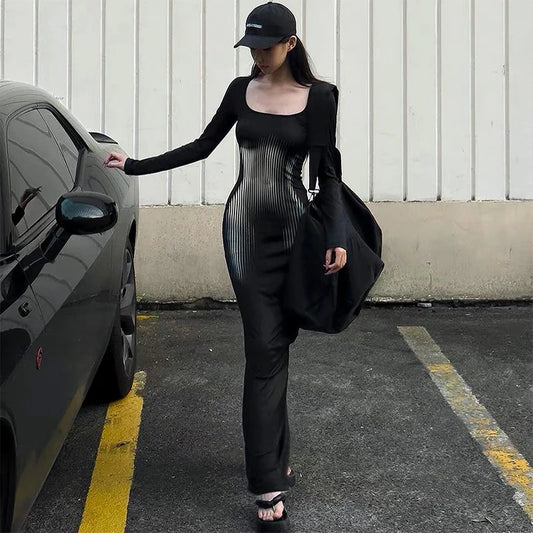 Women Square Collar Long Sleeve Abstract Stripe Body Print Dress Casual Wrap Hipster Mermaid Dress