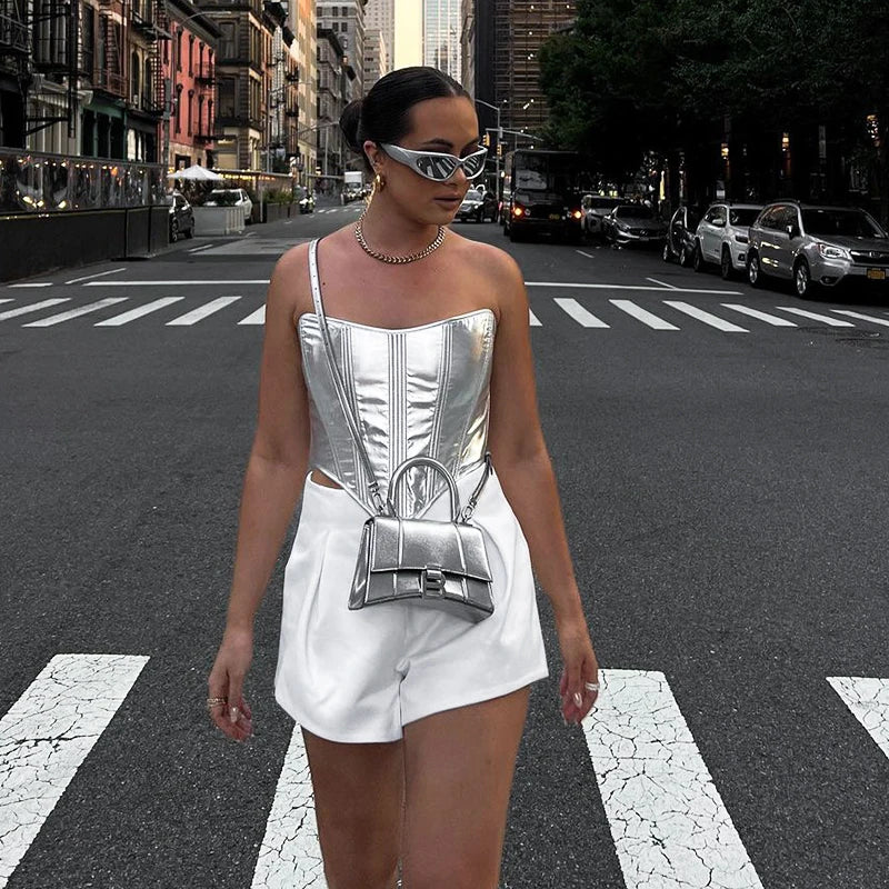 Chaleco metálico para mujer, top sexy ajustado con corsé, camisa de fondo, vendaje en la cintura, ropa de calle para chicas atractivas, primavera 2025