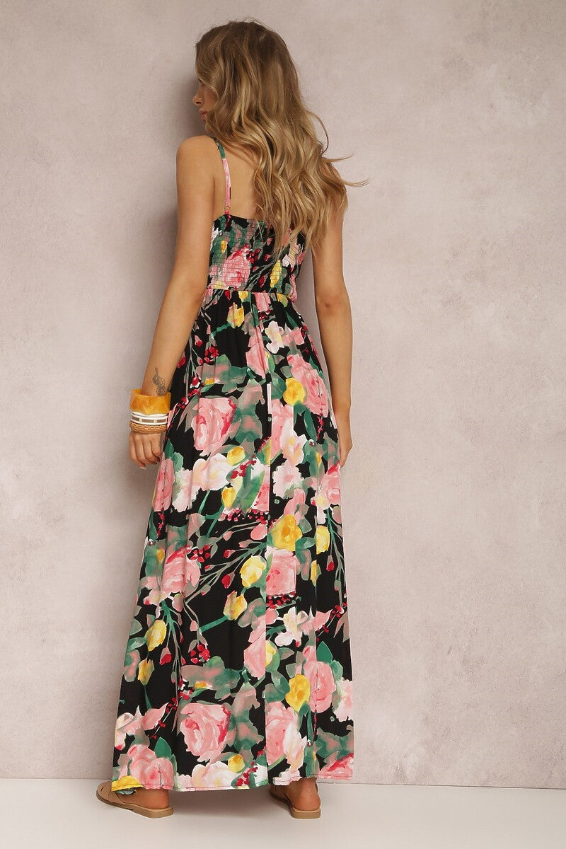 Vestido largo negro sin mangas con escote en V y espalda descubierta con estampado floral