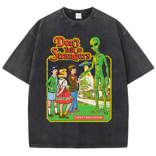 Camiseta de mujer con estampado clásico de dibujos animados de extraterrestres, de algodón transpirable, de manga corta, lavada, vintage, desgastada.