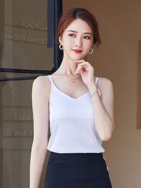 Casual V-Neck Sexy Solid Satin Woman Camis Tank Tops Chiffon Sleeveless Camisole Top Halter Camis Tops