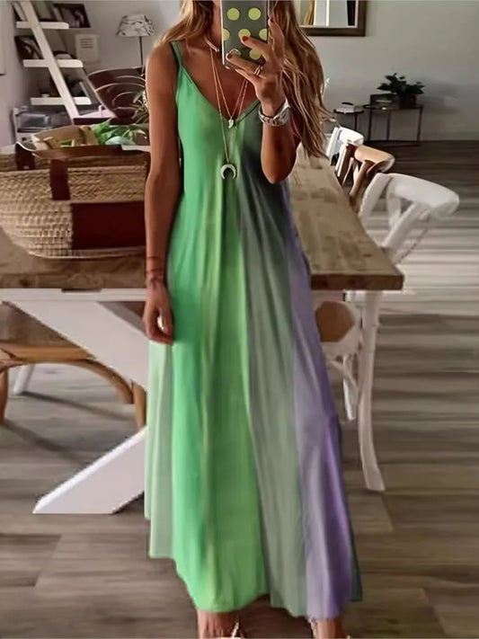 Color Gradient Print Spaghetti Strap Dresses Women Fashion Summer V-neck Beach Vacation Style Long Dress Female A-line Vestidos