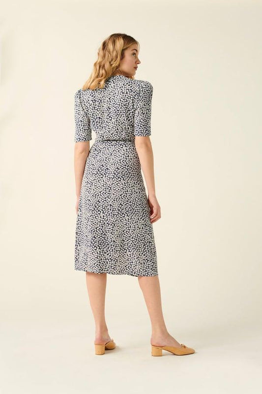 Floral Mid Sleeve V-Neck Midi Dress