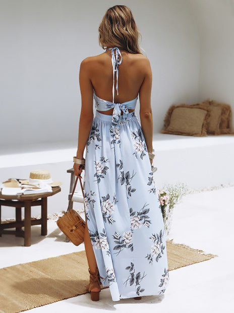 Maxi Dress Halter Twisted Long Split Backless Dark Navy Chiffon Sexy Dress