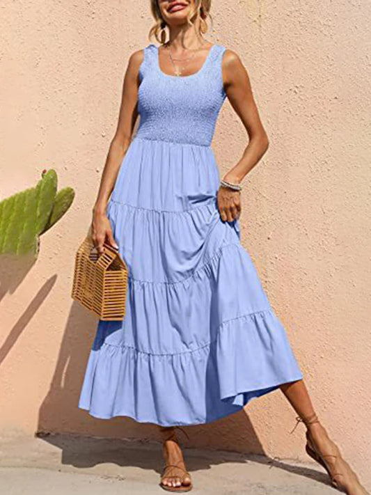 Dresses For Women 2025 Summer Sexy Elegant Sleeveless Floral Solid Color Long Dress Fashion Elastic Waist Beach Party Big Swing