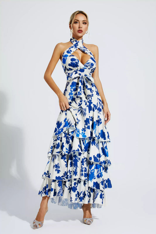 Mae Bohemian Lace-up Maxi Dress-Blue