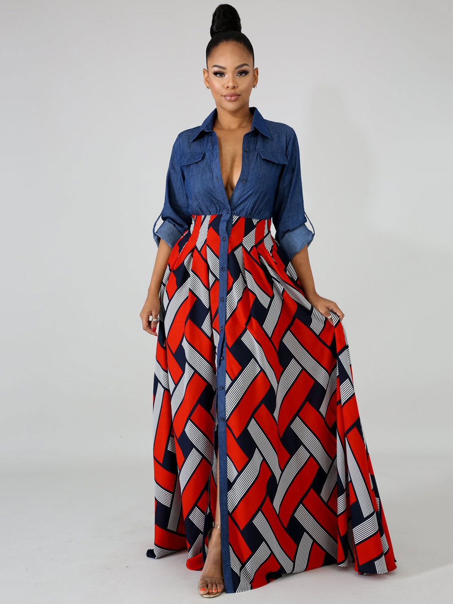 Red Maxi Dresses For Women Long Sleeves Printed V-Neck Lace Up Oversized Long Dress
