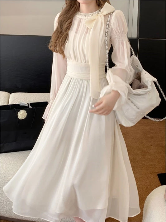 Vestido elegante de gasa para mujer, liso, con mangas acampanadas y lazo, cuello redondo, estilo coreano Y2K, para fiesta de noche y boda, para otoño y primavera