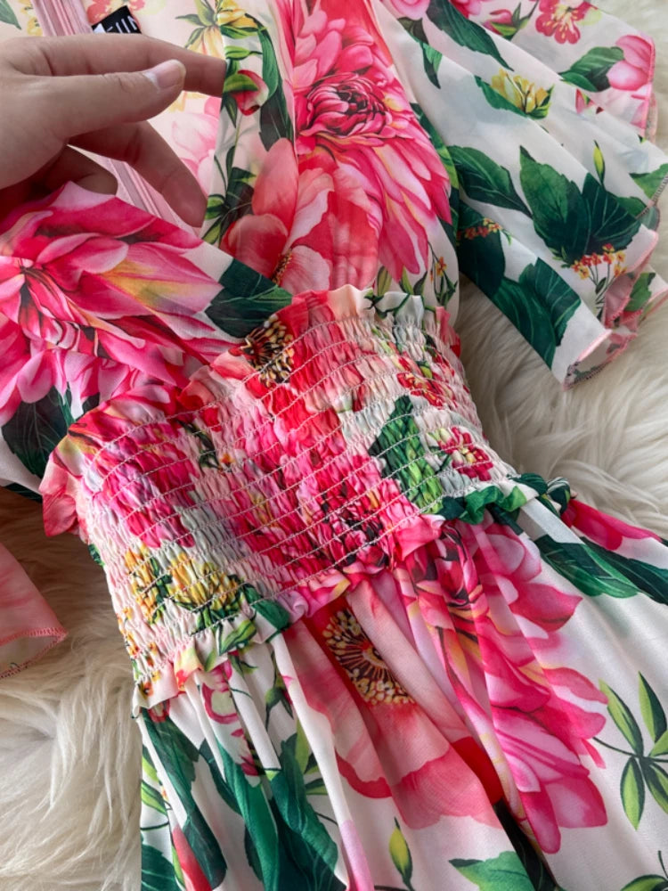 Elegante vestido de fiesta para mujer, de gasa, estampado floral, largo, manga corta, sexy, cuello en V, para playa