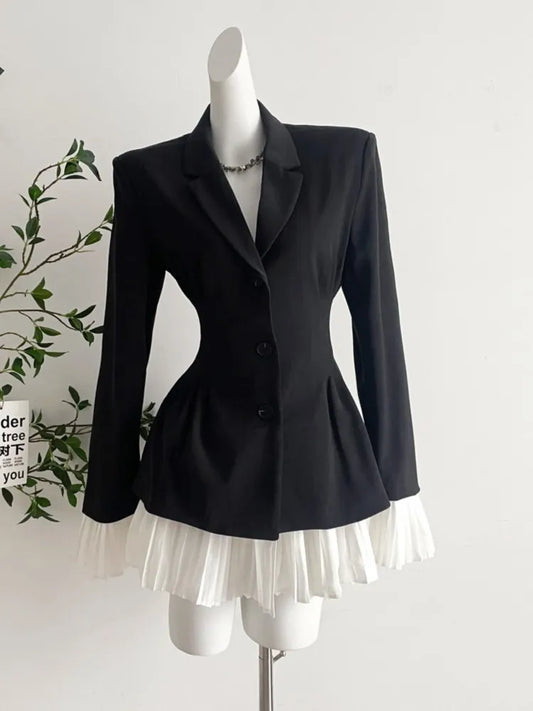 Elegante vestido de traje de patchwork para mujer, cuello vuelto, botonadura sencilla, manga acampanada, plisado, otoño primavera, ropa elegante coreana nueva