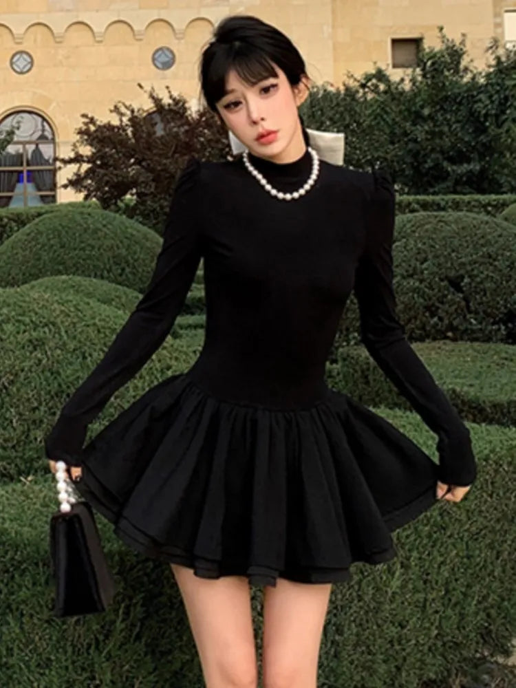 Elegante vestido de punto liso para mujer, manga larga, cuello medio alto, corte A, minivestidos para fiesta de cumpleaños de otoño e invierno, tendencia