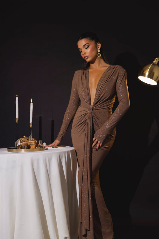 Beverly Deep V-Neck Ruched Maxi Dress