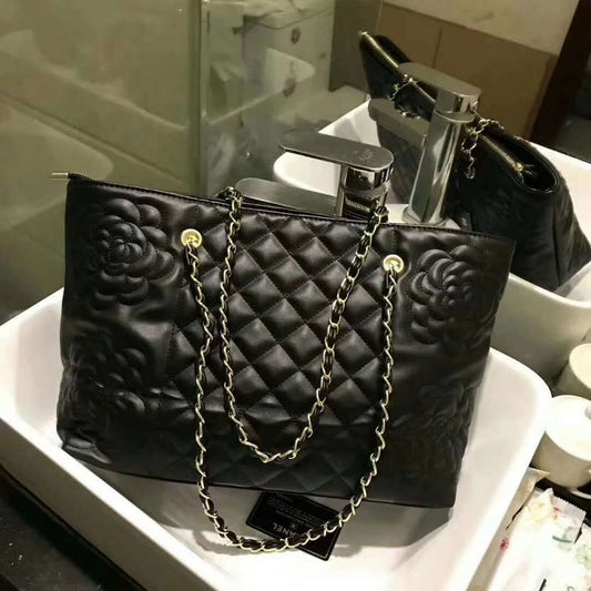 CHANEL Rosaire « Florence » Sheepskin Leather Tote Bag With Camellia Pattern Black W35 x H26 x D12 CM