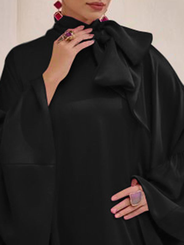 Batwing Sleeves Loose Hollow Pleated Solid Color Split-Joint High Neck Evening Dresses Maxi Dresses