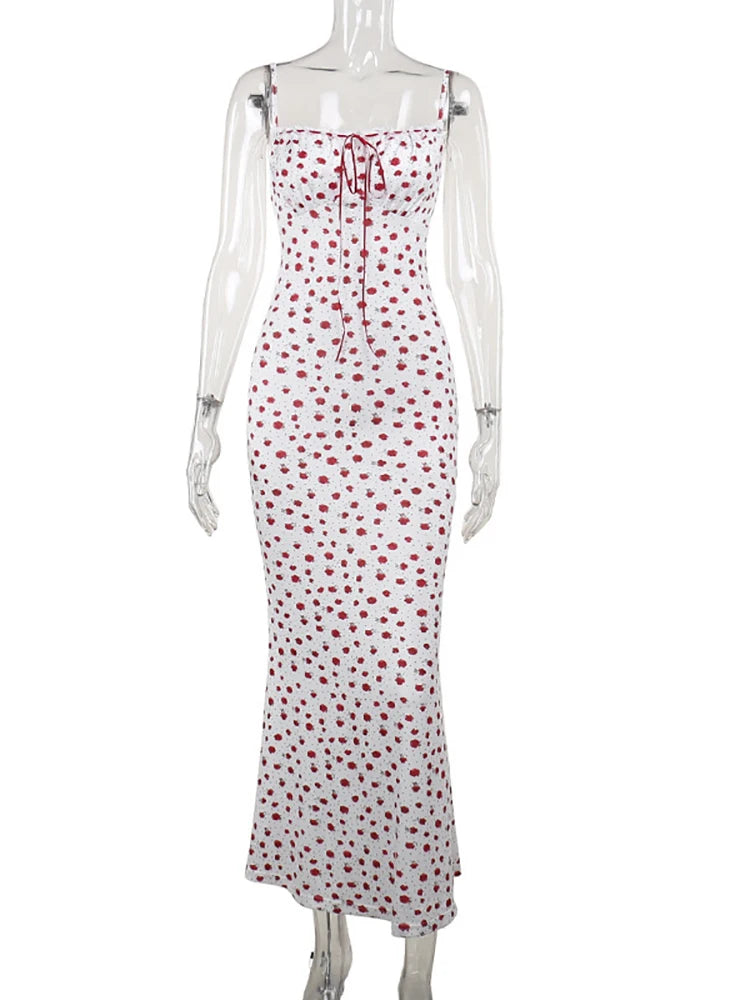 Fantoye - Vestido de noche blanco con tirantes finos y estampado floral, sexy, sin espalda, elegante, para fiesta y club, para mujer