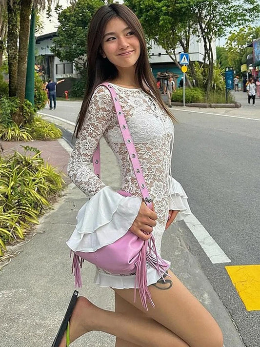 Fantoye Sexy See Through Lace Women Dress White Off Shoulder Flare Sleeve Dress Female Spring Slim Elegant Party Streetwear 2025