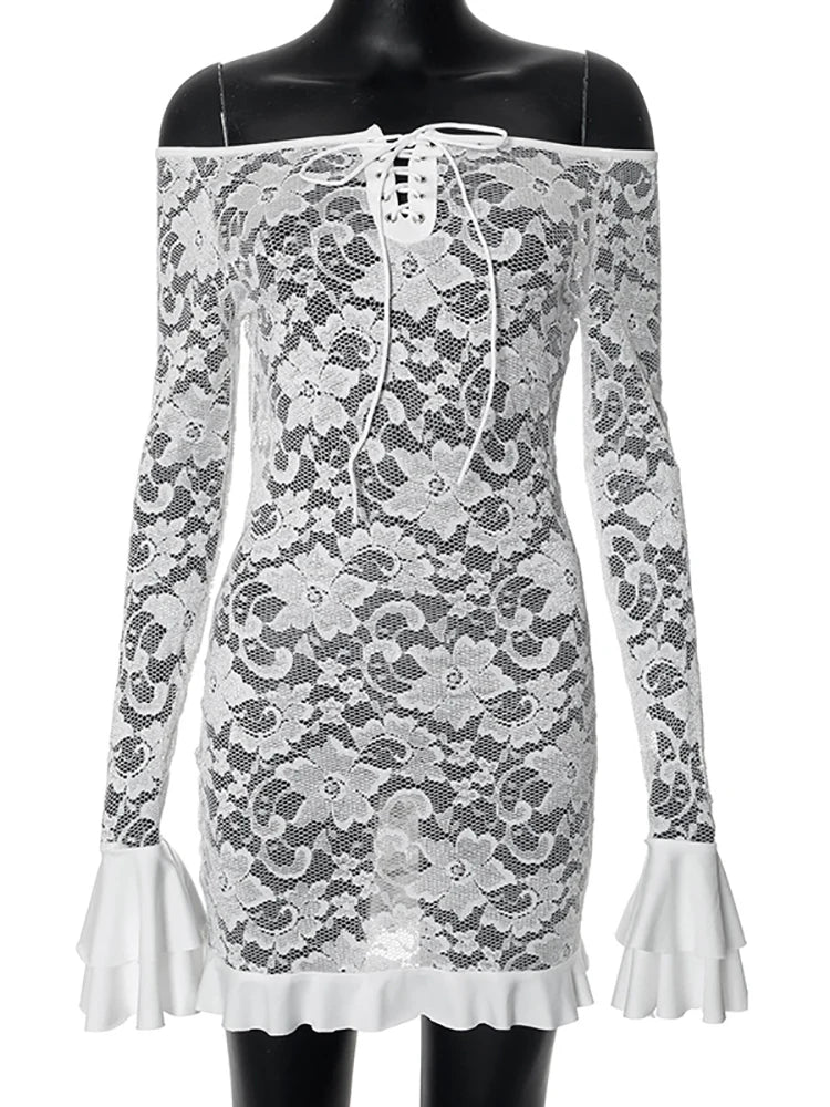 Vestido Fantoye sexy de encaje transparente para mujer, blanco, con hombros descubiertos y mangas acampanadas, ajustado, elegante, para fiesta, ropa de calle, primavera 2025