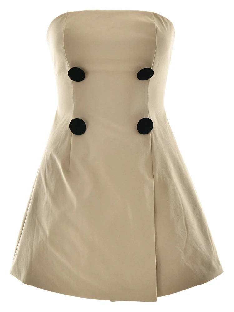 Fantoye - Vestido sexy sin tirantes, corte A, con botones, para mujer, color caqui, sin mangas, cintura alta, informal, ajustado, para otoño