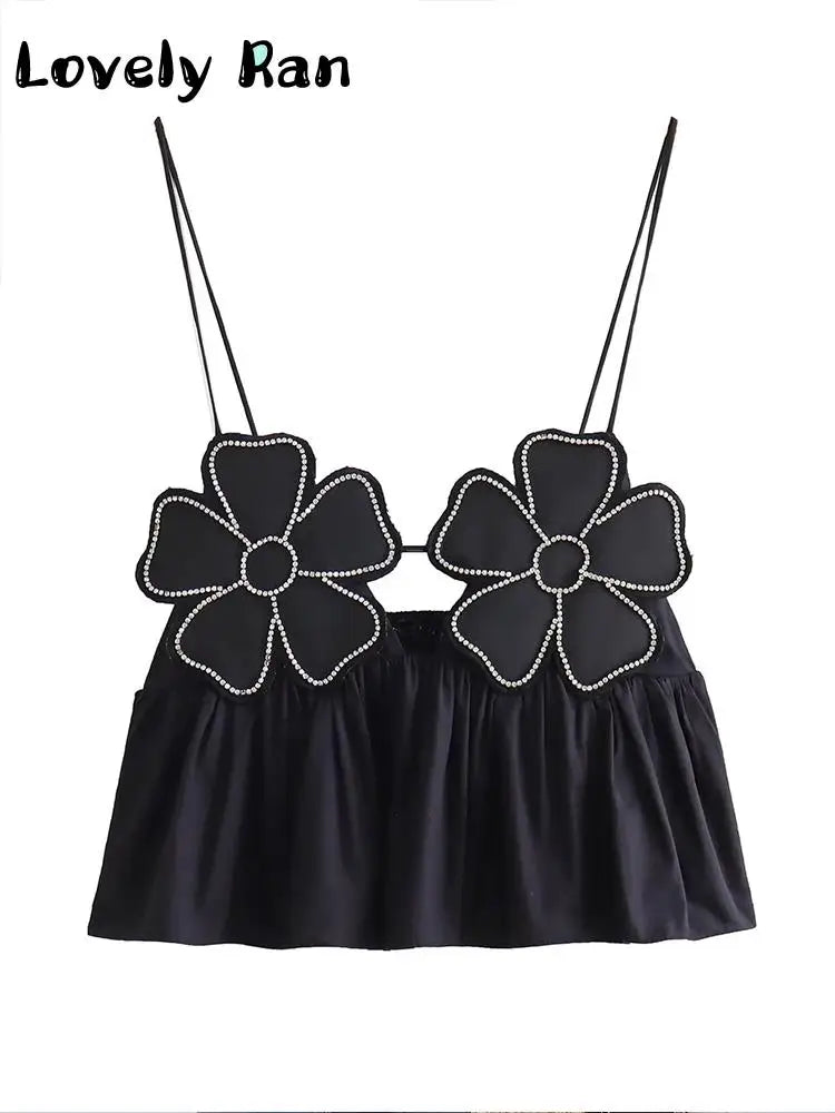 Top corto elegante con estampado floral negro a la moda para mujer, camisola Y2K con tirantes y espalda descubierta, ropa de calle elegante y sexy sin mangas para mujer