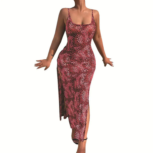 Fashion Leopard Print Slim Long Dresses Women Sexy Low Cut Backless Package Hip Bodycon Slit Dress Female Streetwear Summer New
