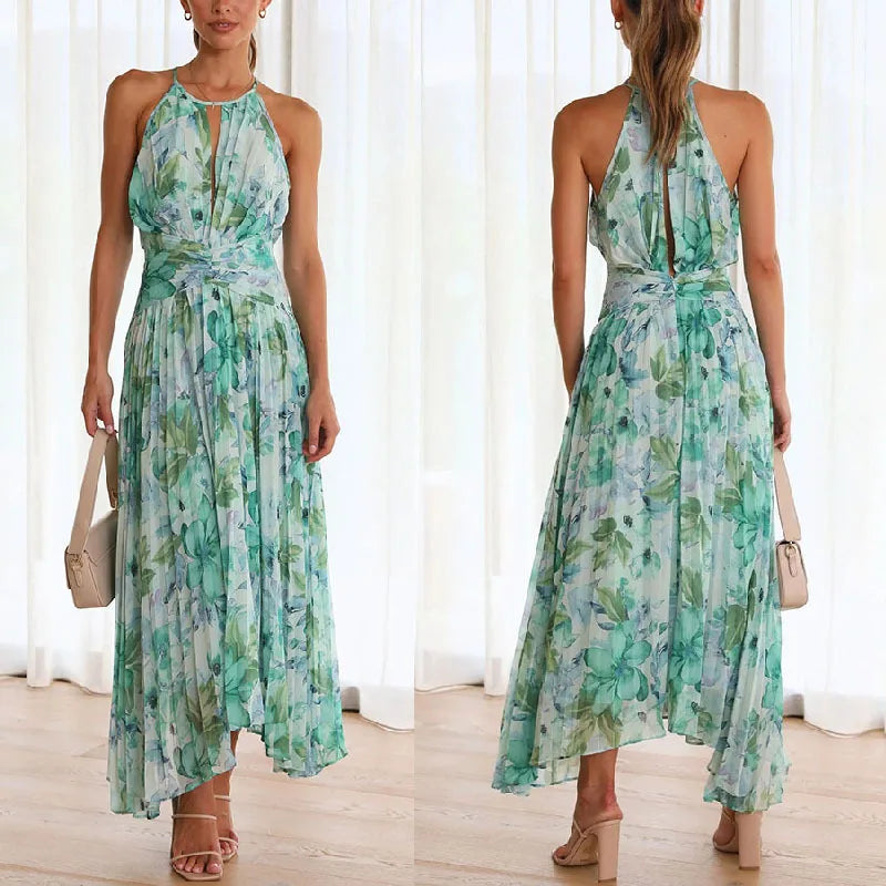Vestidos de cuello halter con estampado de moda para mujer, vestidos ahuecados con espalda descubierta, pliegues, sin mangas, con dobladillo irregular, vestidos de verano a la moda para mujer, nuevos