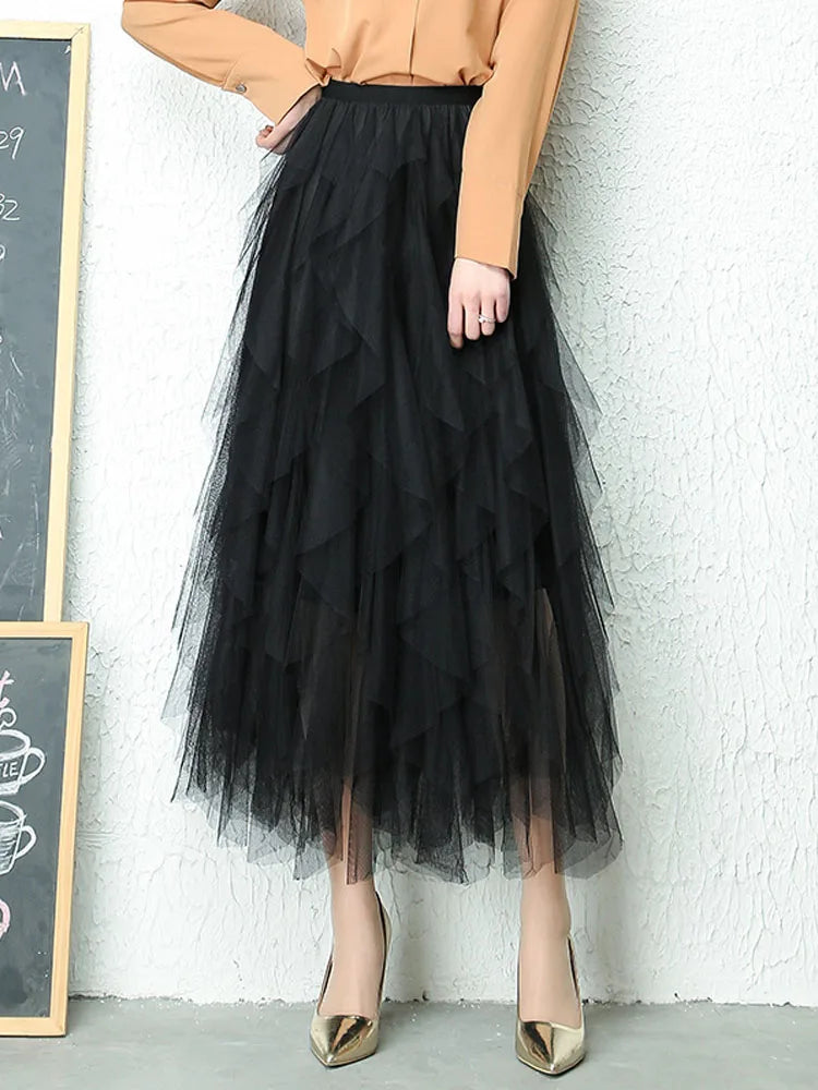Fashion Tutu Tulle Skirt Women Long Maxi Skirt 2025 Spring Summer Korean Black Pink High Waist Pleated Skirt Female