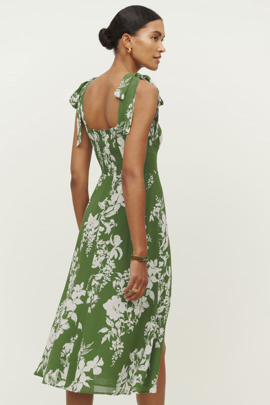 Vestido midi con abertura y tirantes finos y encaje floral