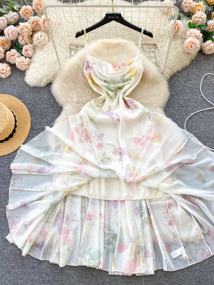 French Elegant Beach Dress New Women Sexy Floral Printed Slim Mid Length Ruffled Party Dresses Ladies Summer Long Robe