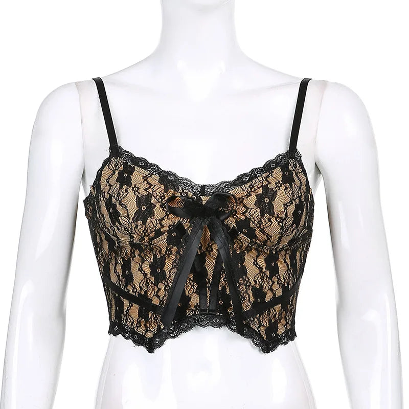 Goth Aesthetic Lace Crop Tops Women Back Zip Up Dark Academia E Girl Clothes Double Layer V Neck Sexy Cami Top 2025