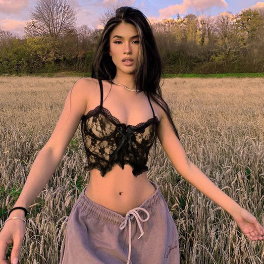 Goth Aesthetic Lace Crop Tops Women Back Zip Up Dark Academia E Girl Clothes Double Layer V Neck Sexy Cami Top 2025