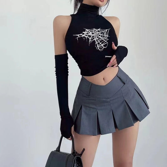 Gothic Spider Print Tank Top for Women Summer Y2k Tops Black Oversleeve Sexy Turtleneck Slim Short Skinny Streetwear Crop Top
