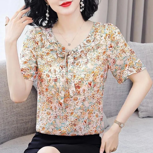 Blusas de gasa estilo primavera-verano para mujer, informales, con mangas cortas acampanadas y cuello de lazo, DF4116
