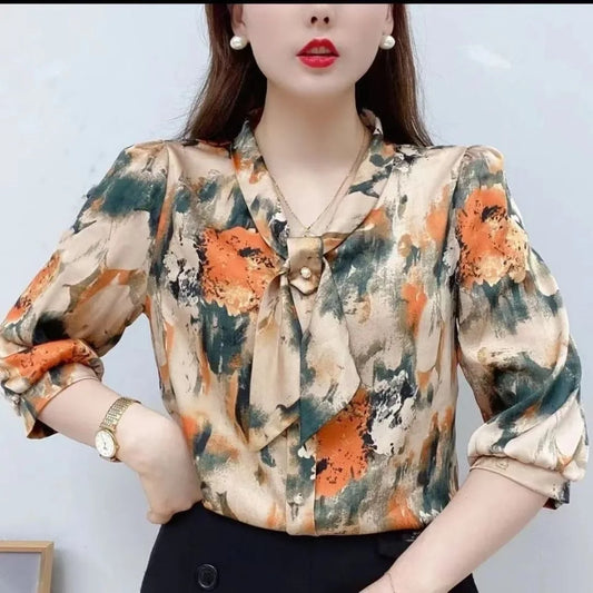 Blusas de gasa estilo primavera-verano para mujer, informales, de media manga, con cuello de lazo, estampadas, DF4198