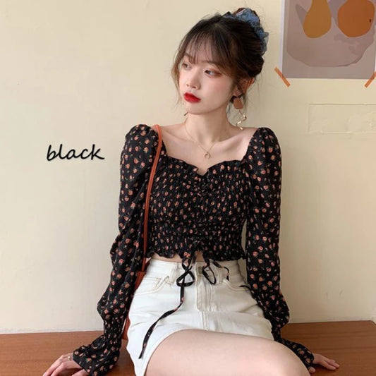 Blusa elegante juvenil con estampado floral, top corto para mujer, blusas bonitas, blusa elegante de moda, camisa para fiesta, mangas abullonadas, hombros descubiertos