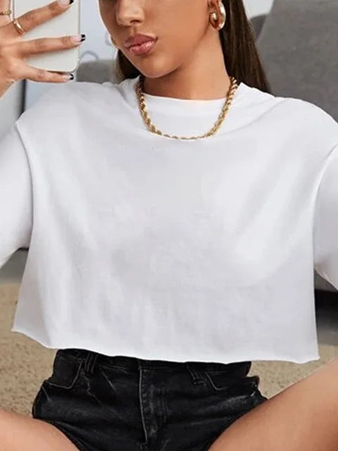Camiseta Harajuku divertida Y2K para mujer, top corto informal negro para mujer, camiseta de ombligo, camiseta corta holgada de cuello redondo, ropa de calle de verano