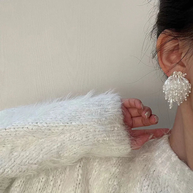 Pearl Crystal Fringed Flower Earrings Elegant Personality Studs Ms Jewelry from South Korea