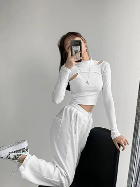 Tops cortos de punto calado para mujer, nueva camiseta de dos piezas de fitness, camisetas blancas y negras de manga larga para mujer