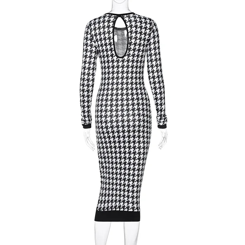 Houndstooth Print Women Long Sleeve Midi Dress Hollow Out Bodycon Sexy Streetwear 2025 Autumn Winter Club Elegant Slim